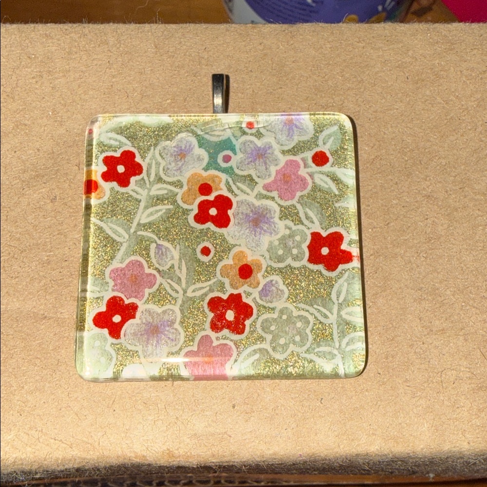 Handmade Floral Glass Pendant with Red and Purple Accents